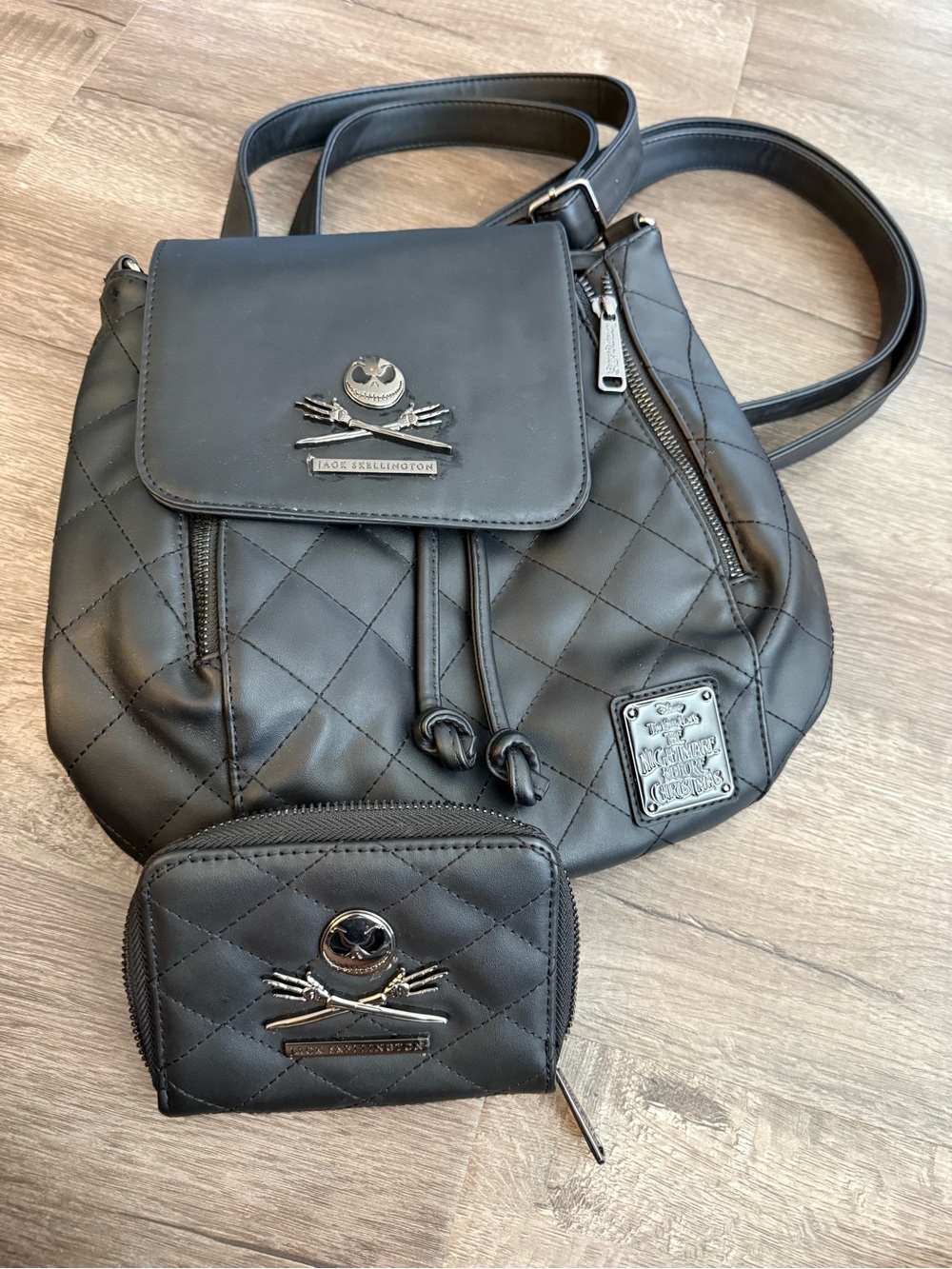 Jack Skellington loungefly set Quilted Black Backpack Purse with Matching Wallet